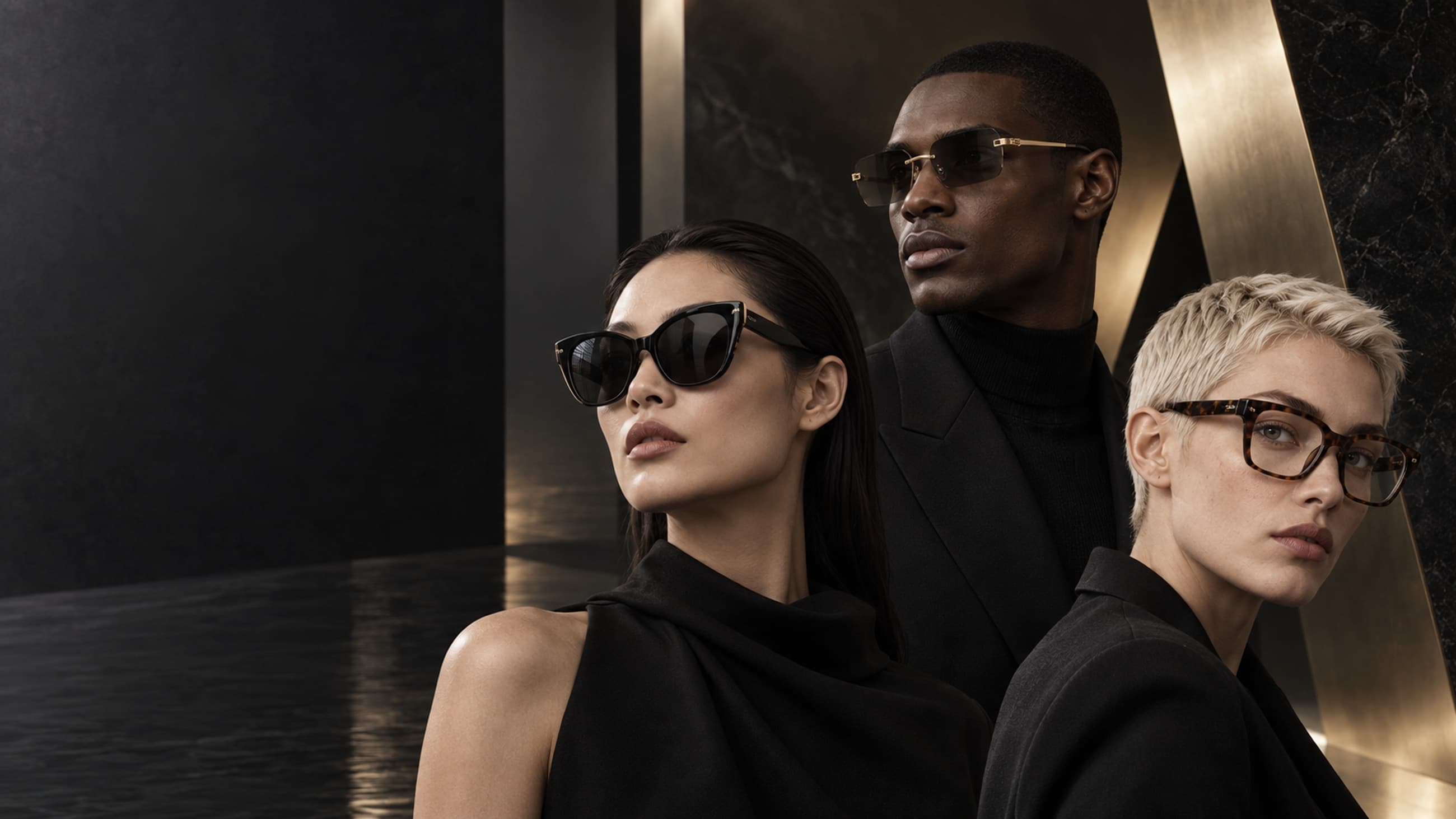 High fashion luxury eyewear campaign with models in tailored black attire